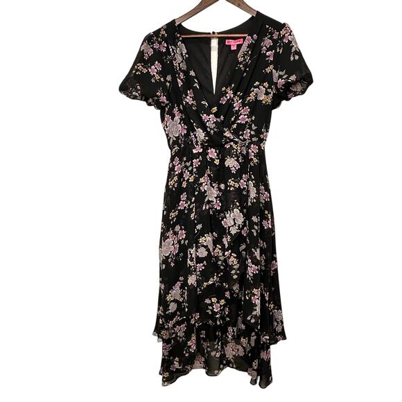 Betsey Johnson Retro V-Neck Floral High Low Dress Size 6 Bold Vintage Chic Party - Picture 1 of 11